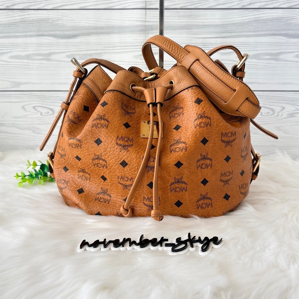 MCM Visetos Large Bucket Bag Cognac Monogram Drawstring Shoulder Bag